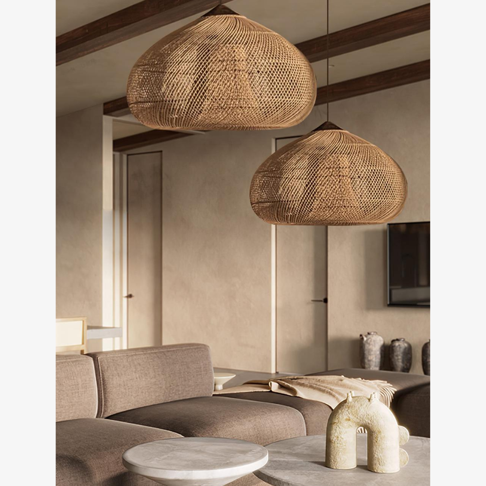 Modern Rattan Silhouette Pendant Light - Woven Basket Hanging Lamp with Wood Cap