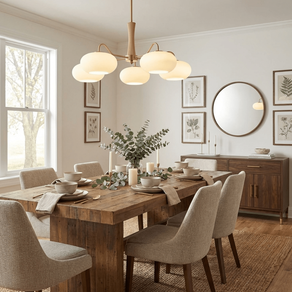 Chandelier with Walnut Wood and Persimmon Glass Shades - Modern Mid Century