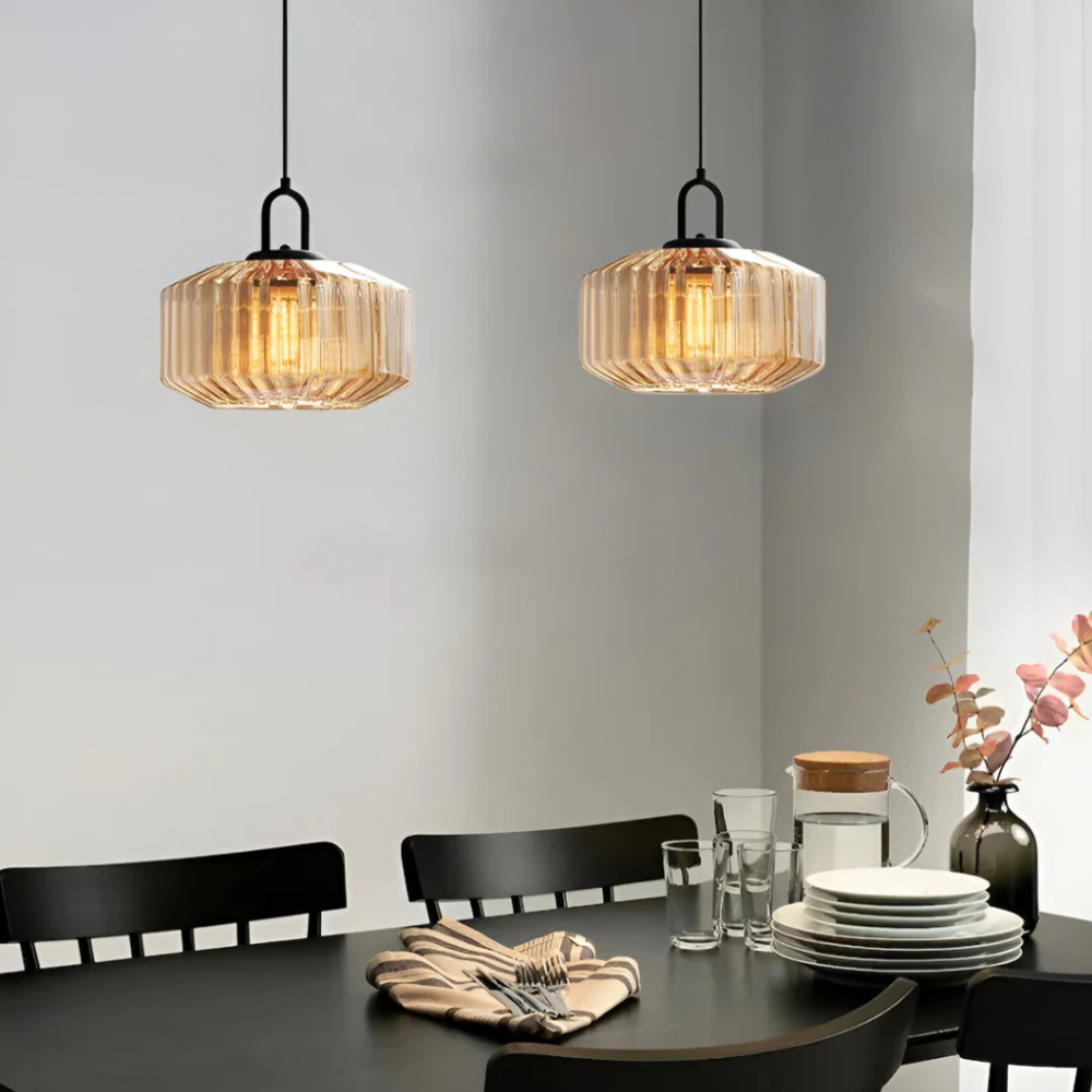 Pendant Light with Ribbed Glass Shade - Retro Mid Century Modern