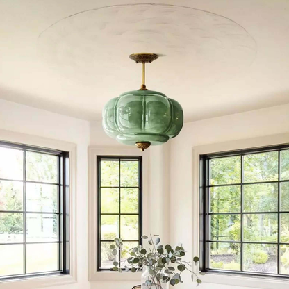 Ribbed Pumpkin Hanging Lamp with Ornate Metalwork - Mid Century Design