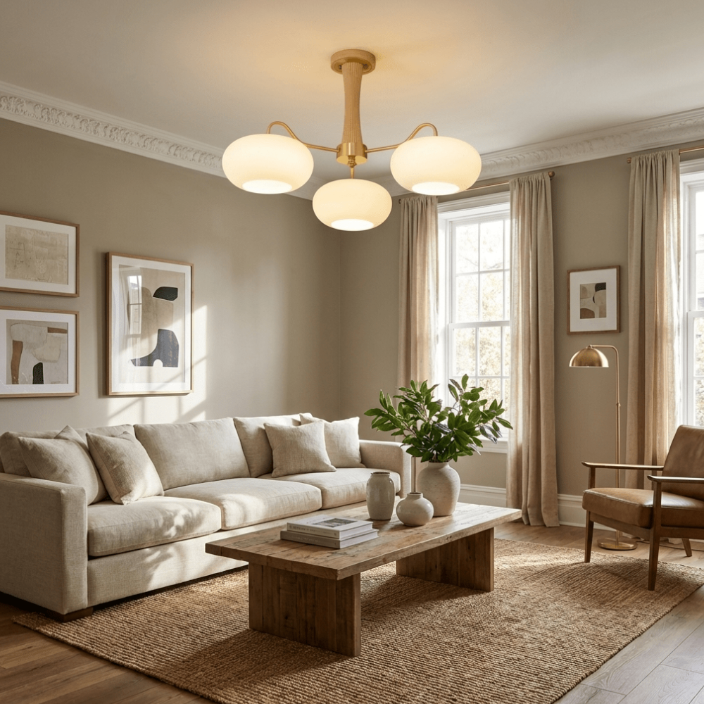 Chandelier with Walnut Wood and Persimmon Glass Shades - Modern Mid Century