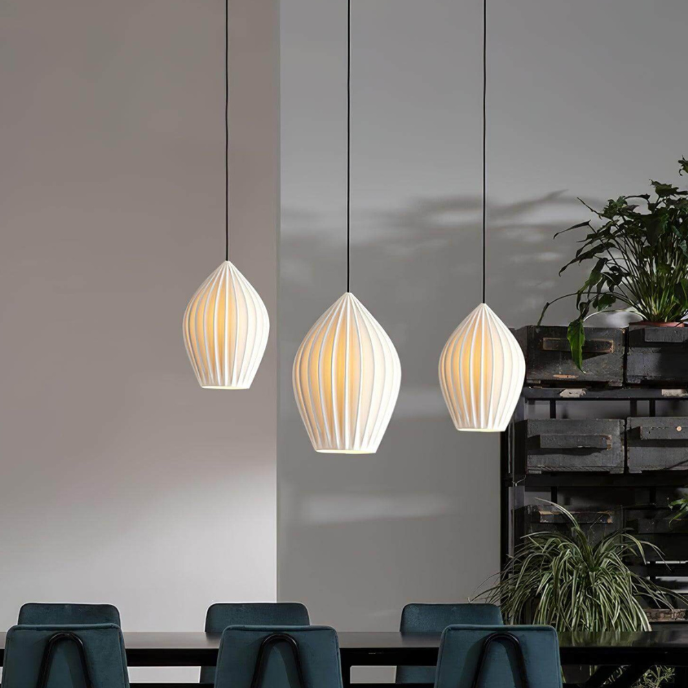 Ceramic Pendant Light with Ribbed Teardrop Shade - Modern Coastal