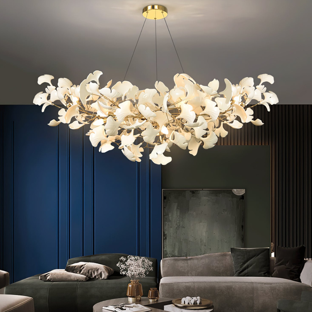 Sputnik-Kronleuchter mit Keramik-Ginkgoblättern – Moderner Art Deco