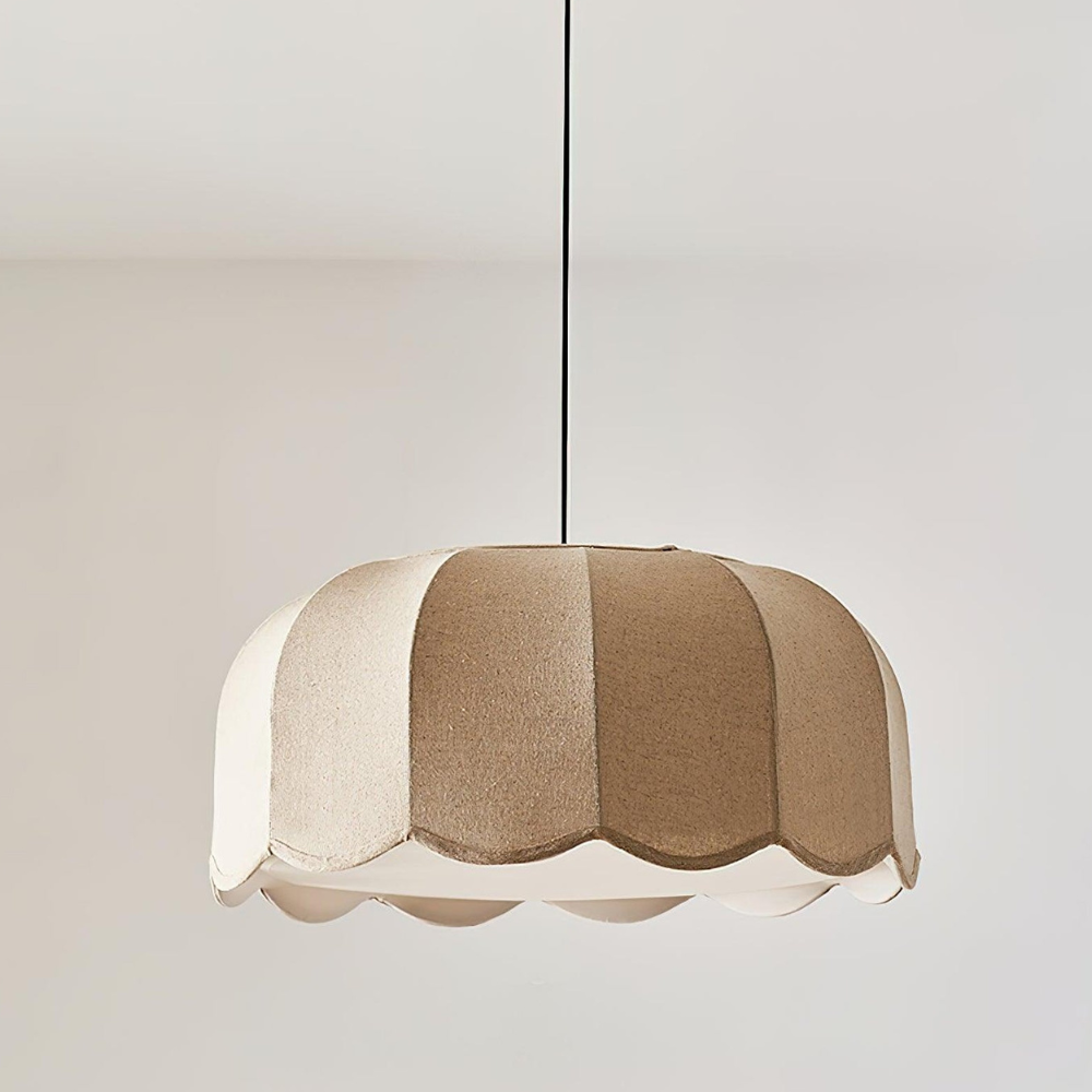 Scalloped Fabric Pendant Lamp - Modern Boho Beige Striped Ceiling Light