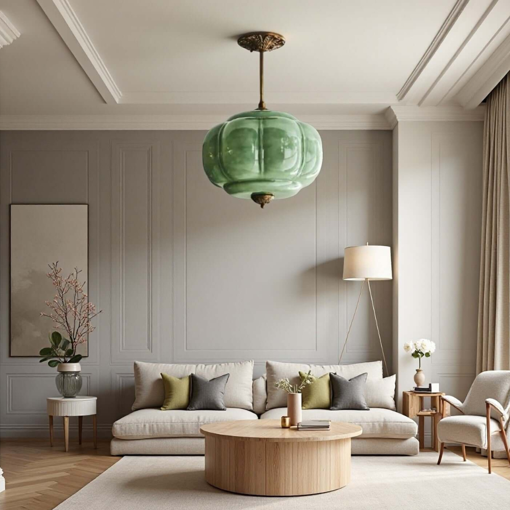 Gerippte Kürbis-Hängelampe mit kunstvollem Metallbesatz – Mid-Century-Design