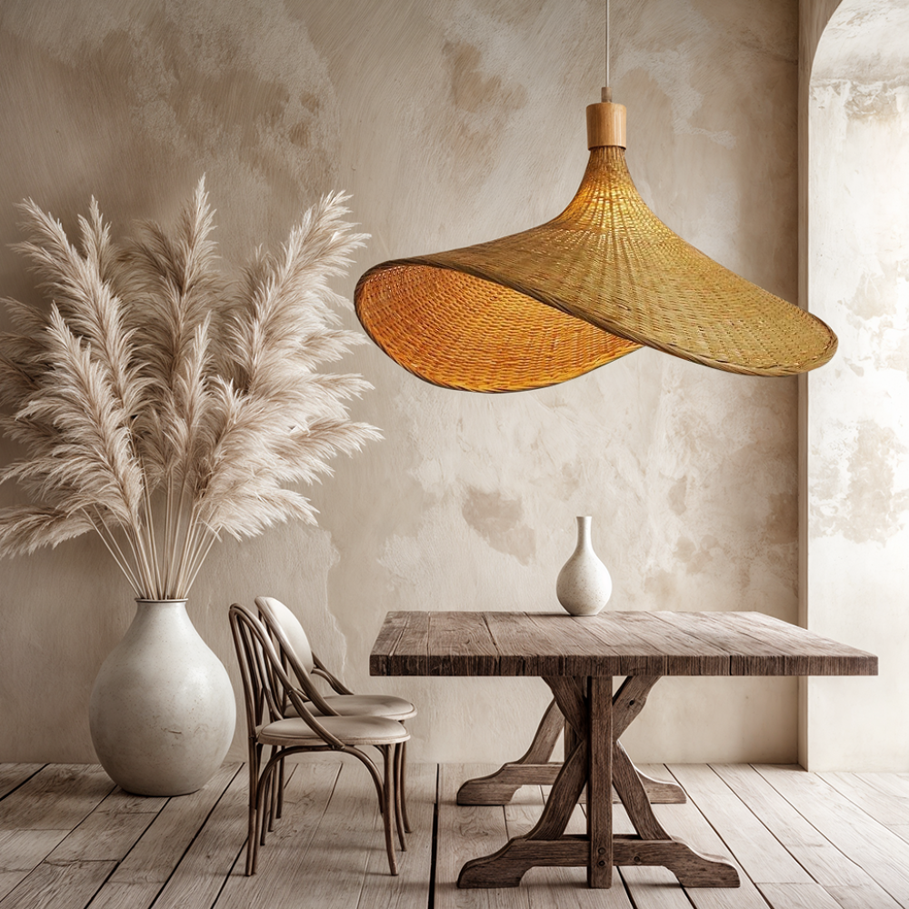 Woven Bamboo Sun Hat Pendant Light - Coastal Boho Decor