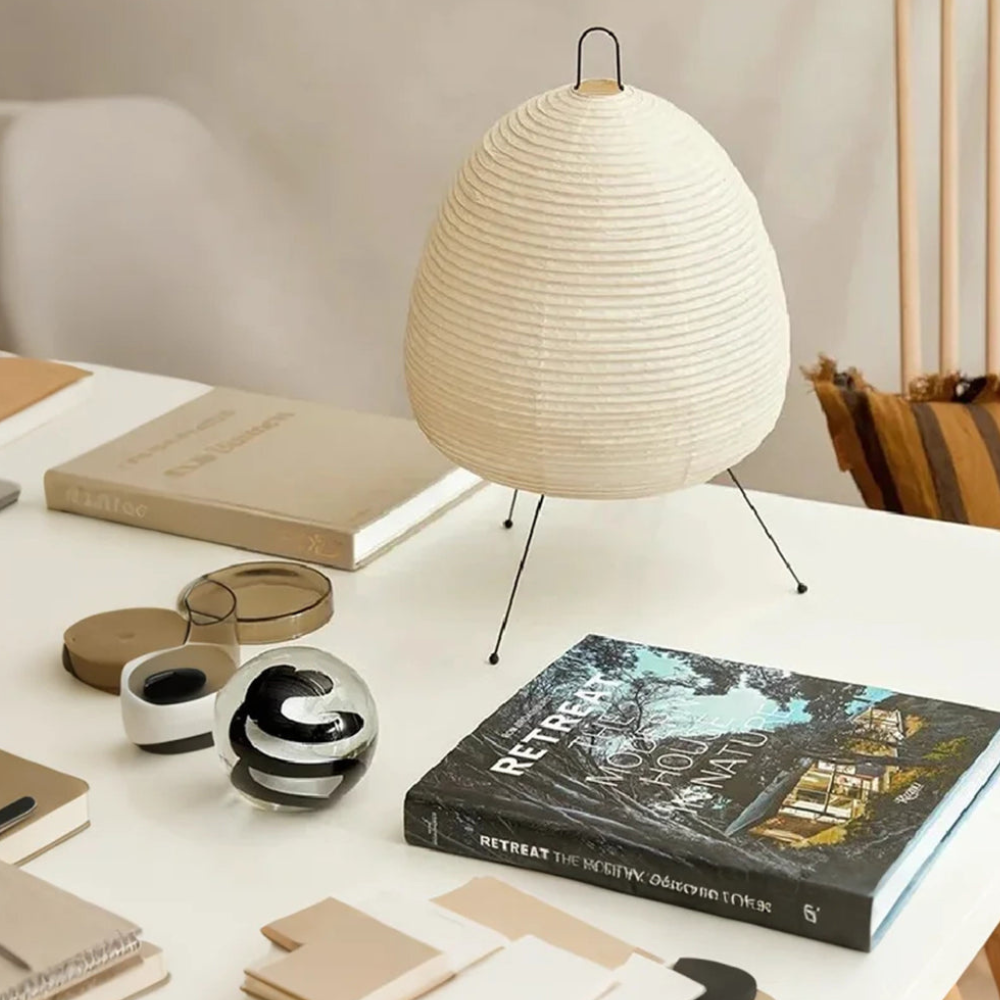 Paper Lantern Table Lamp with Tripod Metal Base - Mid Century Japanese