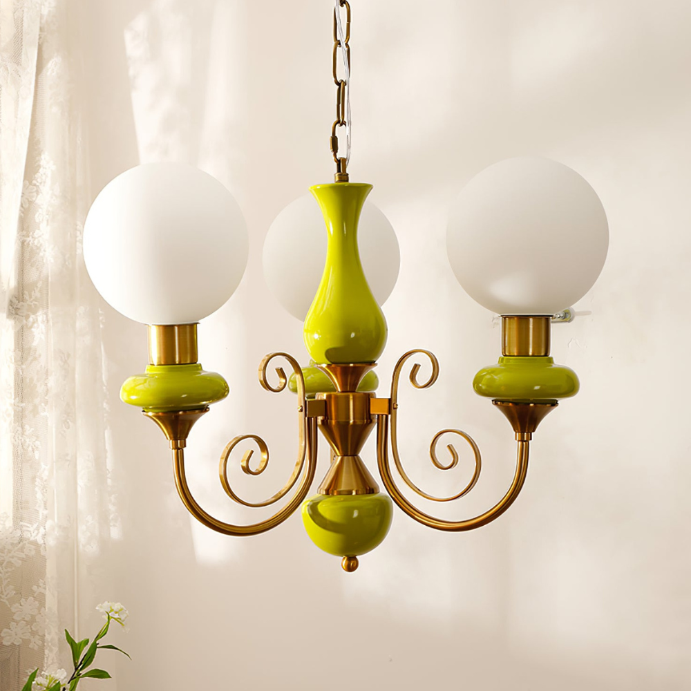 Chandelier with Milky Glass Globes and Scrollwork Frame - Vintage French Style