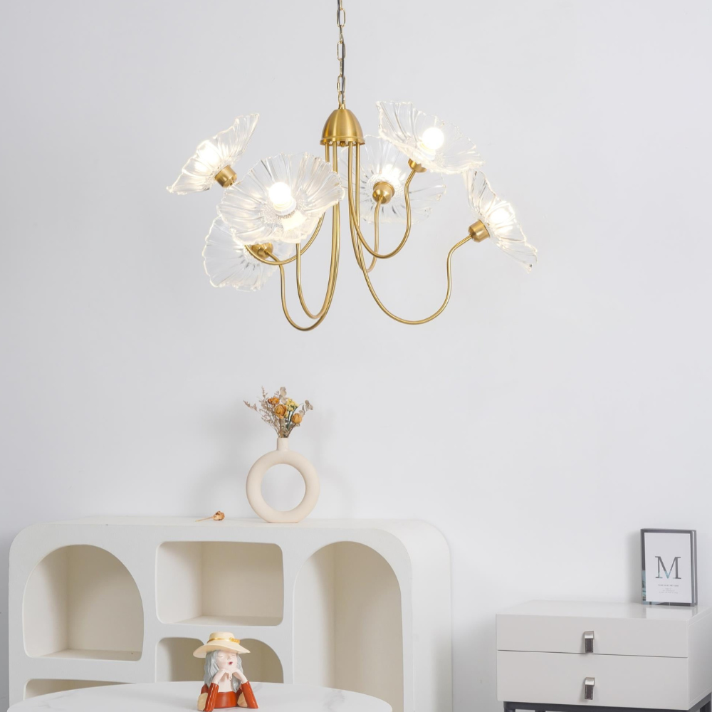 Chandelier with Flower Glass Shades and Gold Metal Frame - Modern Art Deco