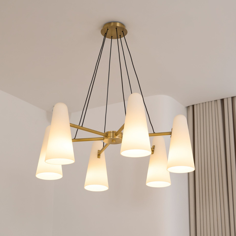 Lustre avec abat-jours en verre conique et cadre métallique - Moderne milieu du siècle