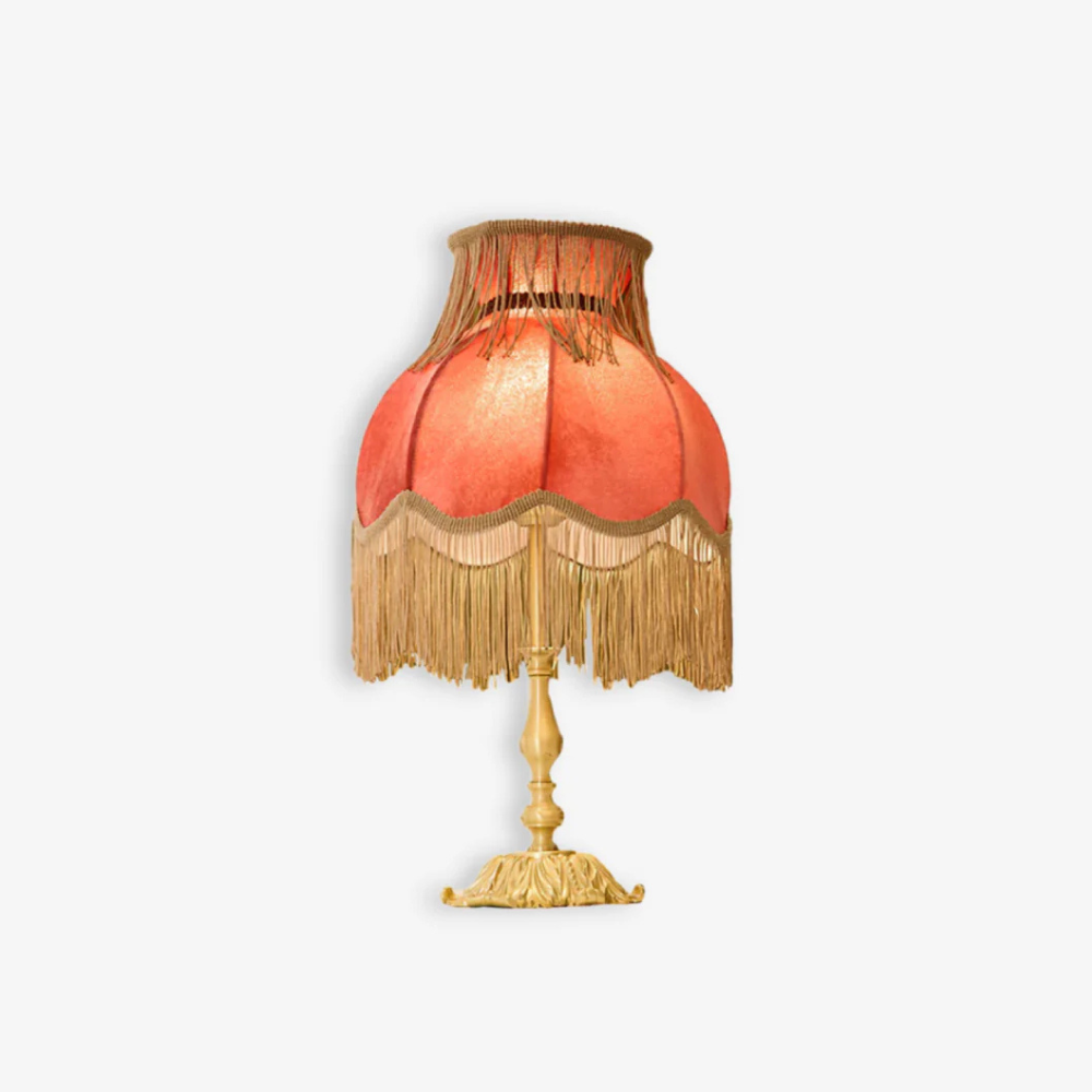 Table Lamp with Fringed Fabric Shade - Vintage Traditional Red