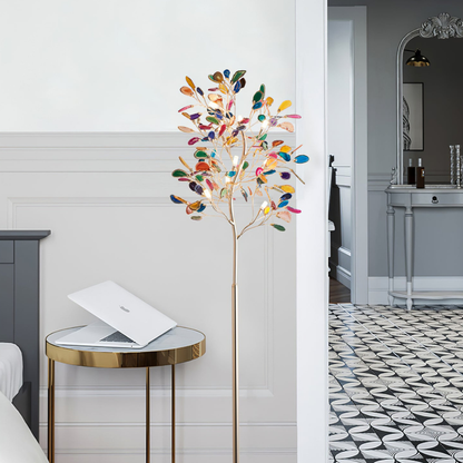 Floor Lamp with Natural Agate Stone Leaves and Metal Branching Frame