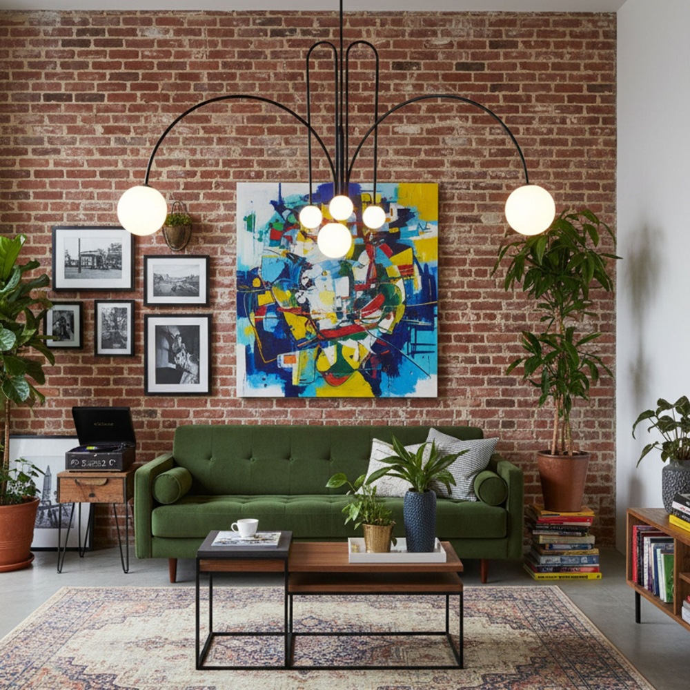 Chandelier with Arched Arms and Frosted Globes - Modern Mid Century