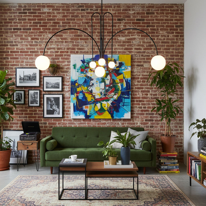 Chandelier with Arched Arms and Frosted Globes - Modern Mid Century