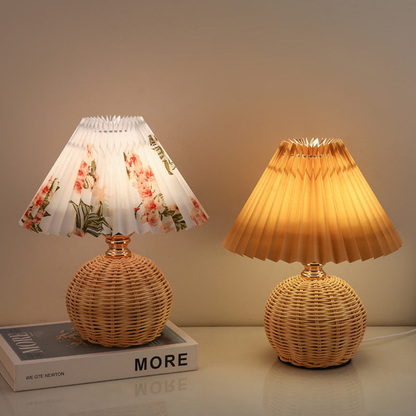 Modern Pleated Shade Table Lamp - Natural Rattan Woven Bedside Lamp