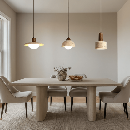 Wabi-Sabi Travertine Style Pendant Light with Solid Wood - Modern Earthy Decor