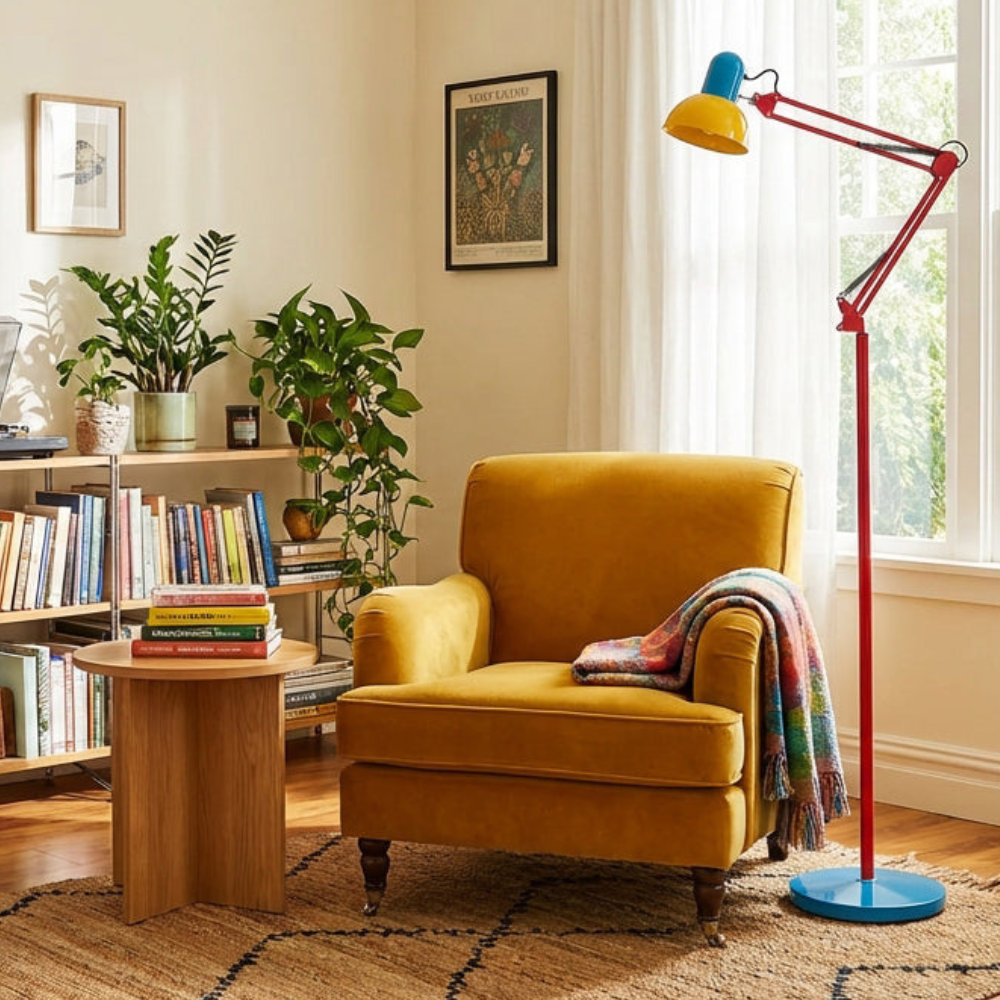 Adjustable Floor Lamp – Memphis Style with Spring-Balanced Articulated Arm and Metal Dome Shade