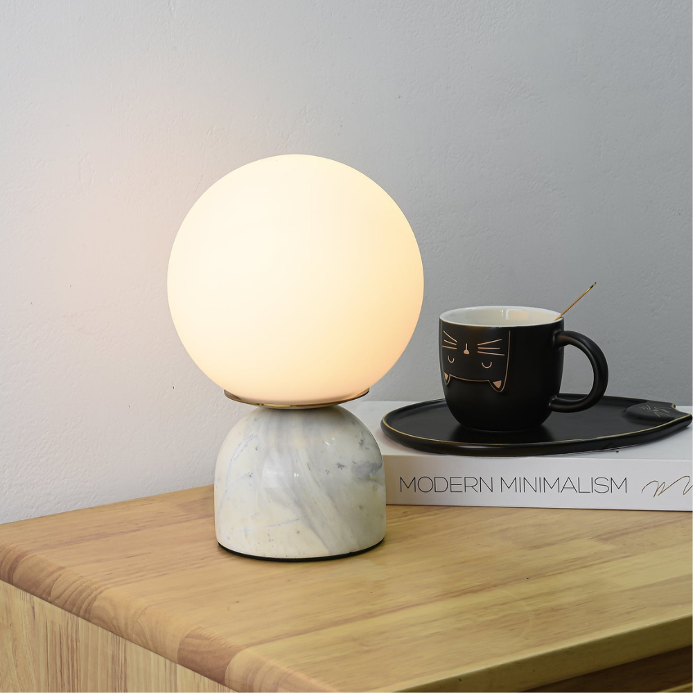Mid-Century Modern Marble Table Lamp - Round Glass Globe Bedside Light