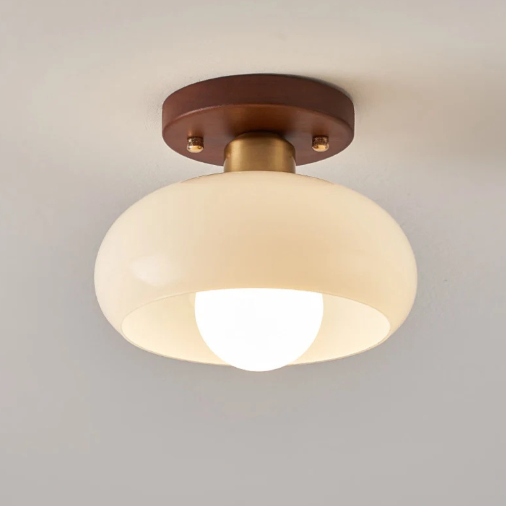 Flush Mount Ceiling Light with Glass Shade - Walnut Mid Century Modern
