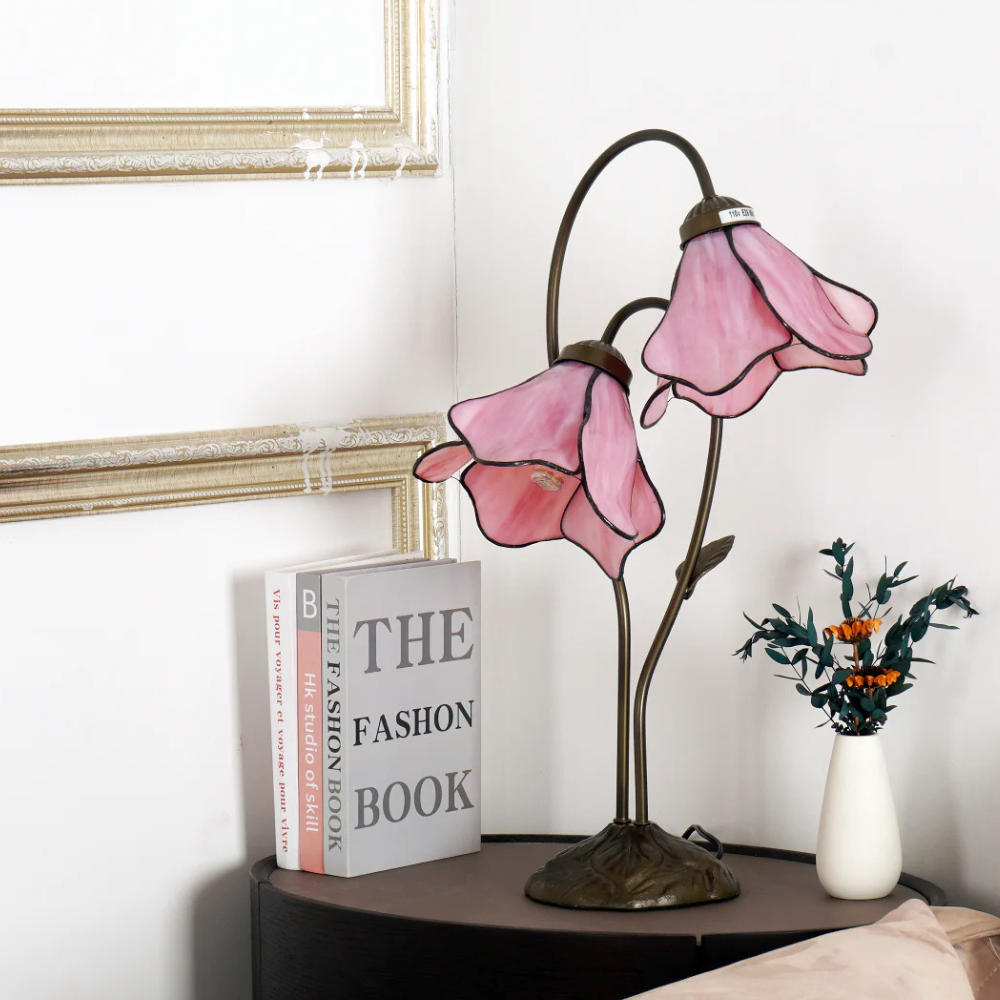 Table Lamp with Flower Glass Shades - Vintage Stained Glass Floral