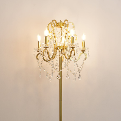 Dimmable Floor Lamp with Ornate Iron Scrollwork and Faceted Crystal Strands
