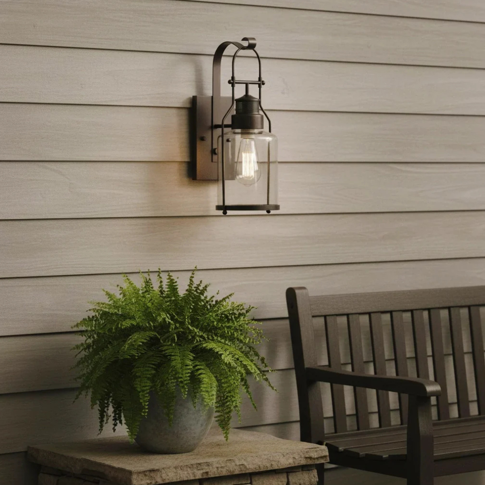 Permanent Outdoor House Lights with Clear Glass Jar Shade and Iron Arm