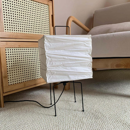 Japanese Paper Lantern Table Lamp with Metal Handle - Wabi Sabi Design