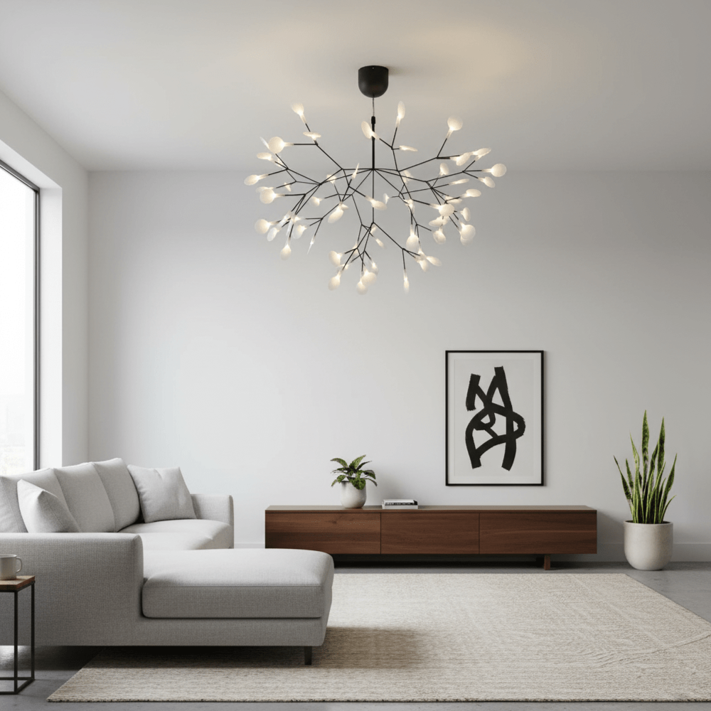 Sputnik-Kronleuchter mit Acryl-Glühwürmchenblättern – Modernes botanisches Licht