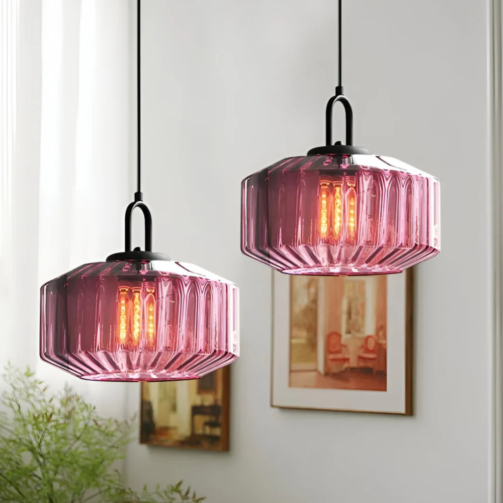 Pendant Light with Ribbed Glass Shade - Retro Mid Century Modern