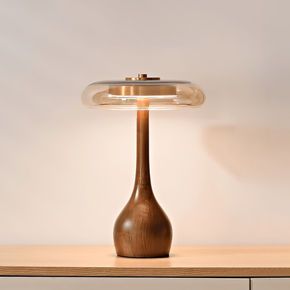 Mid-Century Modern Amber Glass and Walnut Wood LED Mushroom Table Lamp