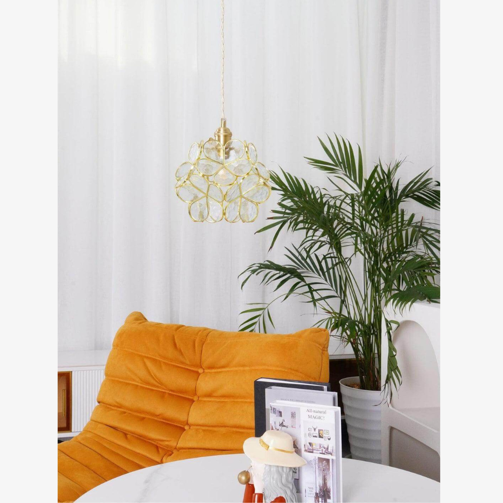 Lampe suspendue en verre floral avec ferrures en laiton - Art vintage moderne