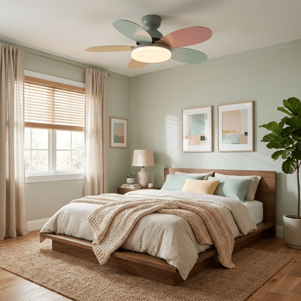 LED-Deckenventilator mit flachem Blumen-Silhouetten-Design und umkehrbarem Luftstrom – verspieltes Design