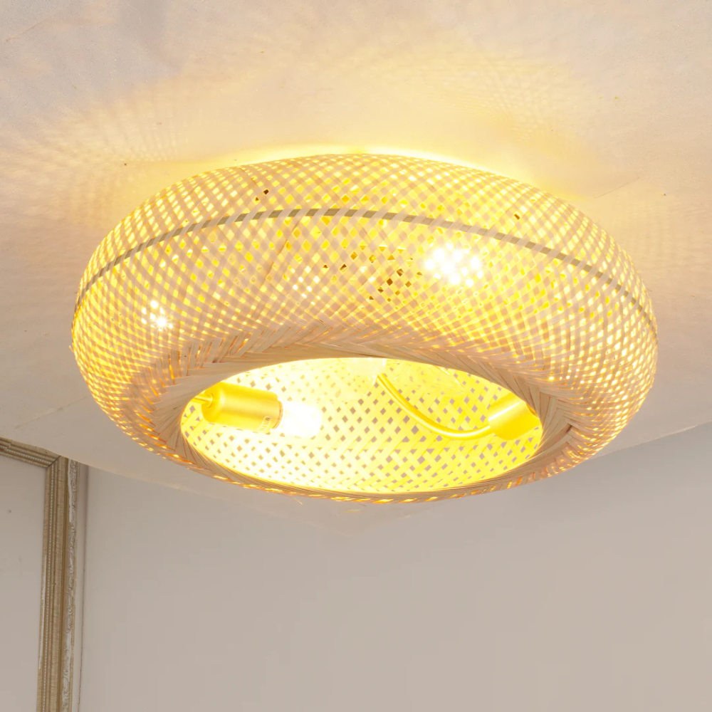 Flush Mount Ceiling Fan Light Woven Bamboo Shade - Coastal Boho Decor