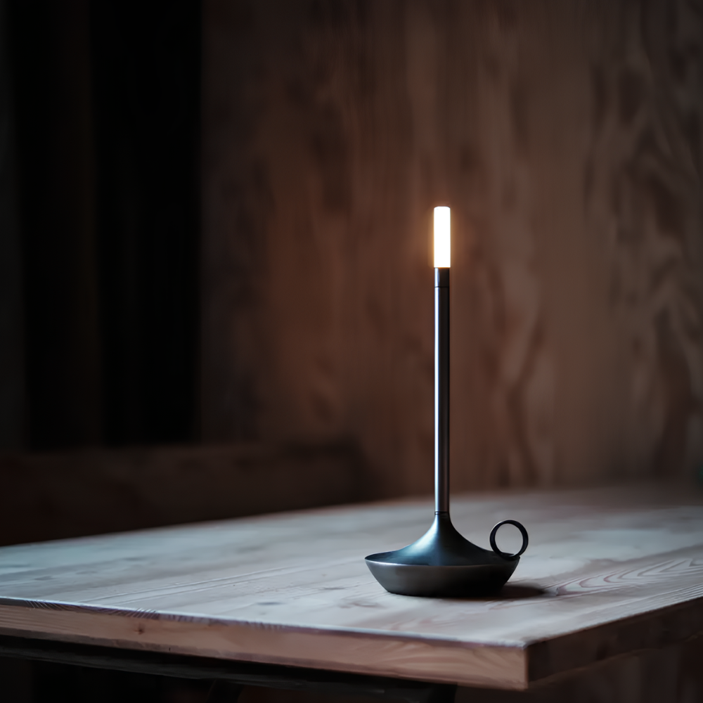 Lampe de bureau à bougeoir avec batterie rechargeable – Veilleuse effilée en aluminium brossé