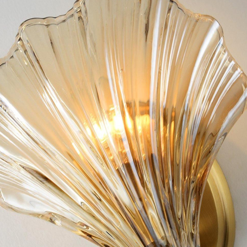 Shell Glass Wall Sconce with Scalloped Ribbed Shade - Coastal Art Deco