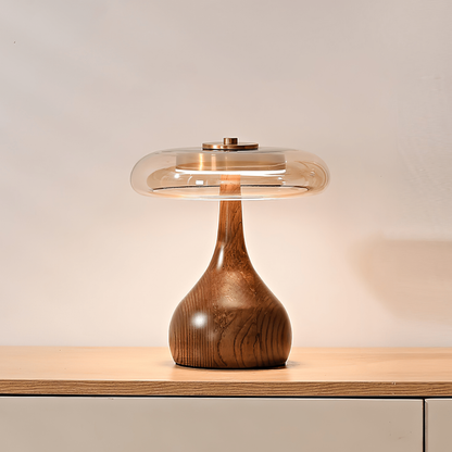 Mid-Century Modern Amber Glass and Walnut Wood LED Mushroom Table Lamp