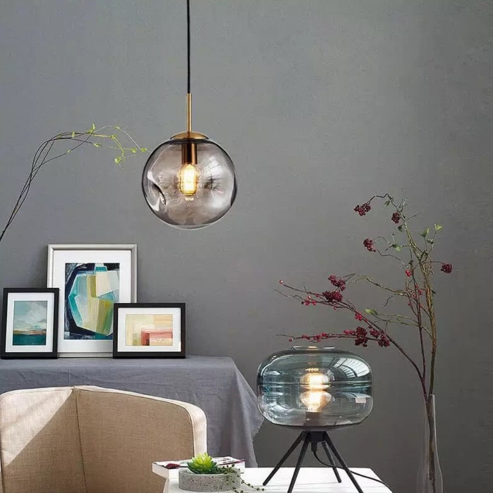 Indented Glass Globe Pendant Light - Smoky or Amber Tinted Orb