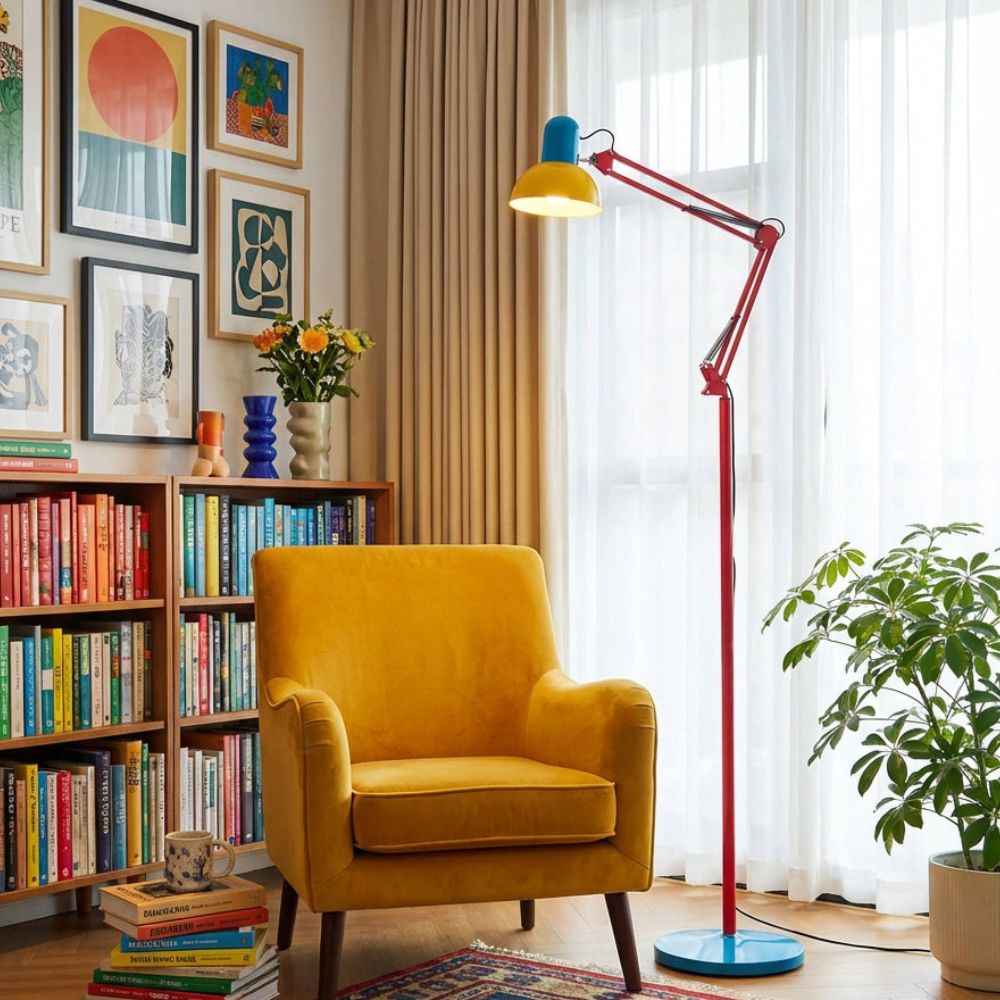 Adjustable Floor Lamp – Memphis Style with Spring-Balanced Articulated Arm and Metal Dome Shade