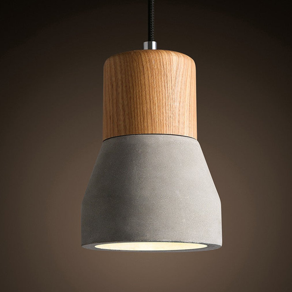 Modern Concrete & Wood Pendant Light - Nordic Industrial Timber Hanging Lamp