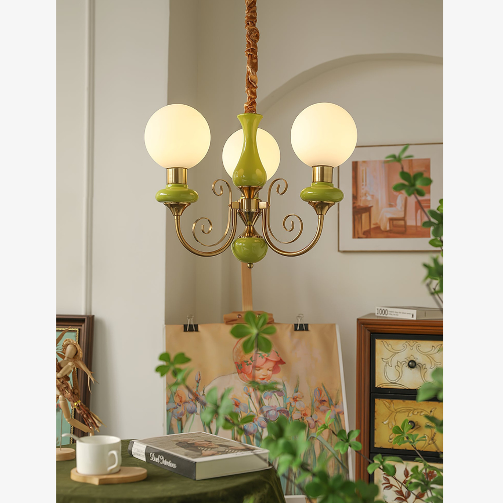 Chandelier with Milky Glass Globes and Scrollwork Frame - Vintage French Style