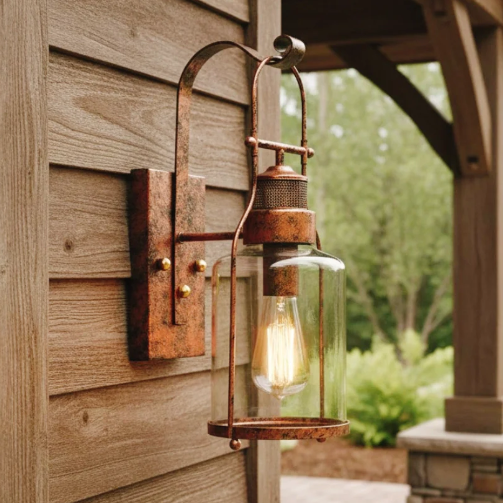 Permanent Outdoor House Lights with Clear Glass Jar Shade and Iron Arm