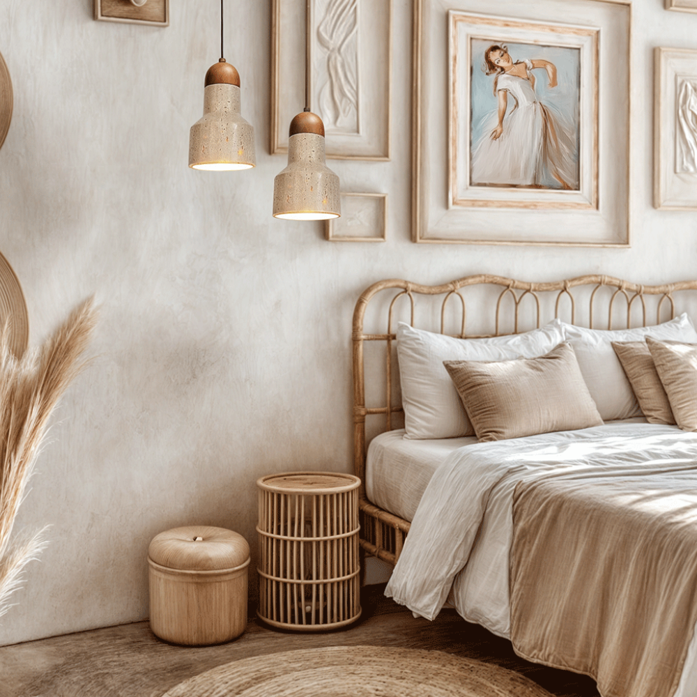 Suspension style travertin Wabi-Sabi avec bois massif - Décor moderne et naturel