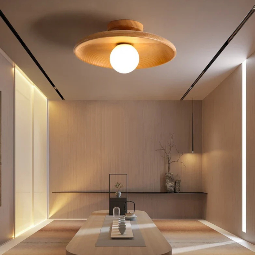 Flush Mount Ceiling Light with Wood Shade - Modern Scandinavian LED