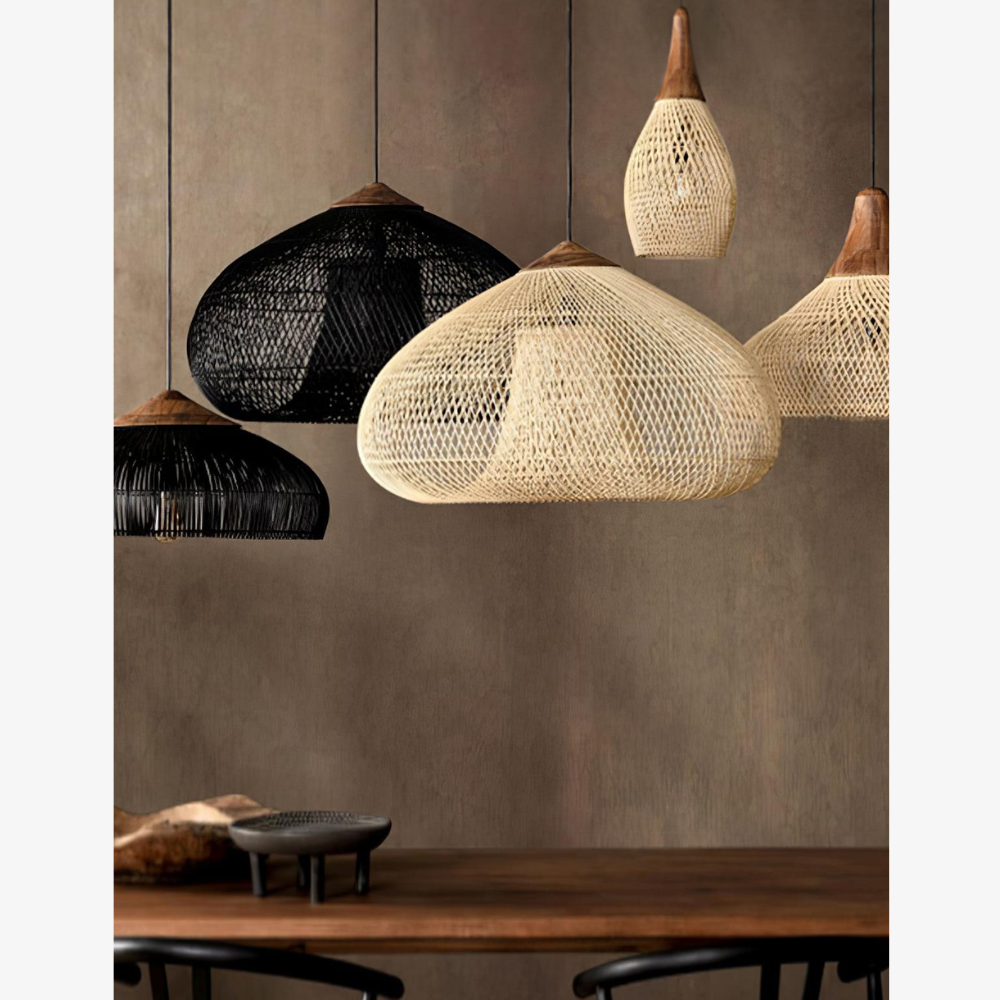 Modern Rattan Silhouette Pendant Light - Woven Basket Hanging Lamp with Wood Cap