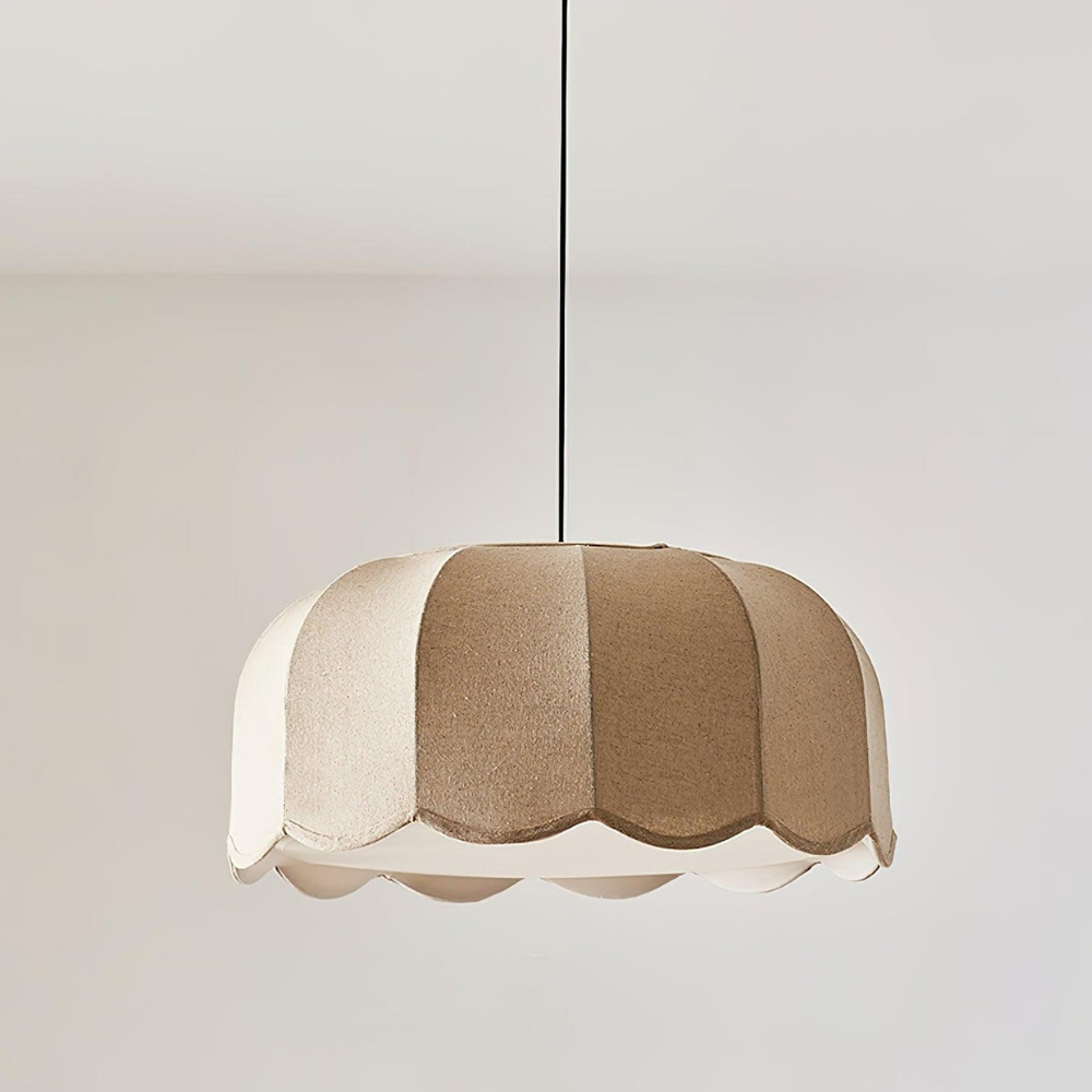 Scalloped Fabric Pendant Lamp - Modern Boho Beige Striped Ceiling Light