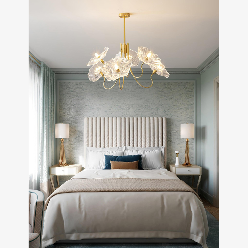 Chandelier with Flower Glass Shades and Gold Metal Frame - Modern Art Deco