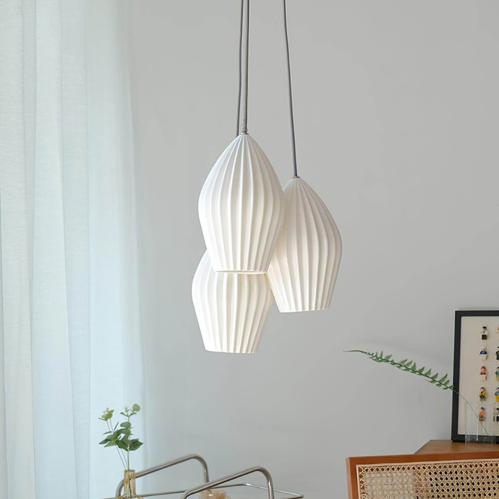 Ceramic Pendant Light with Ribbed Teardrop Shade - Modern Coastal