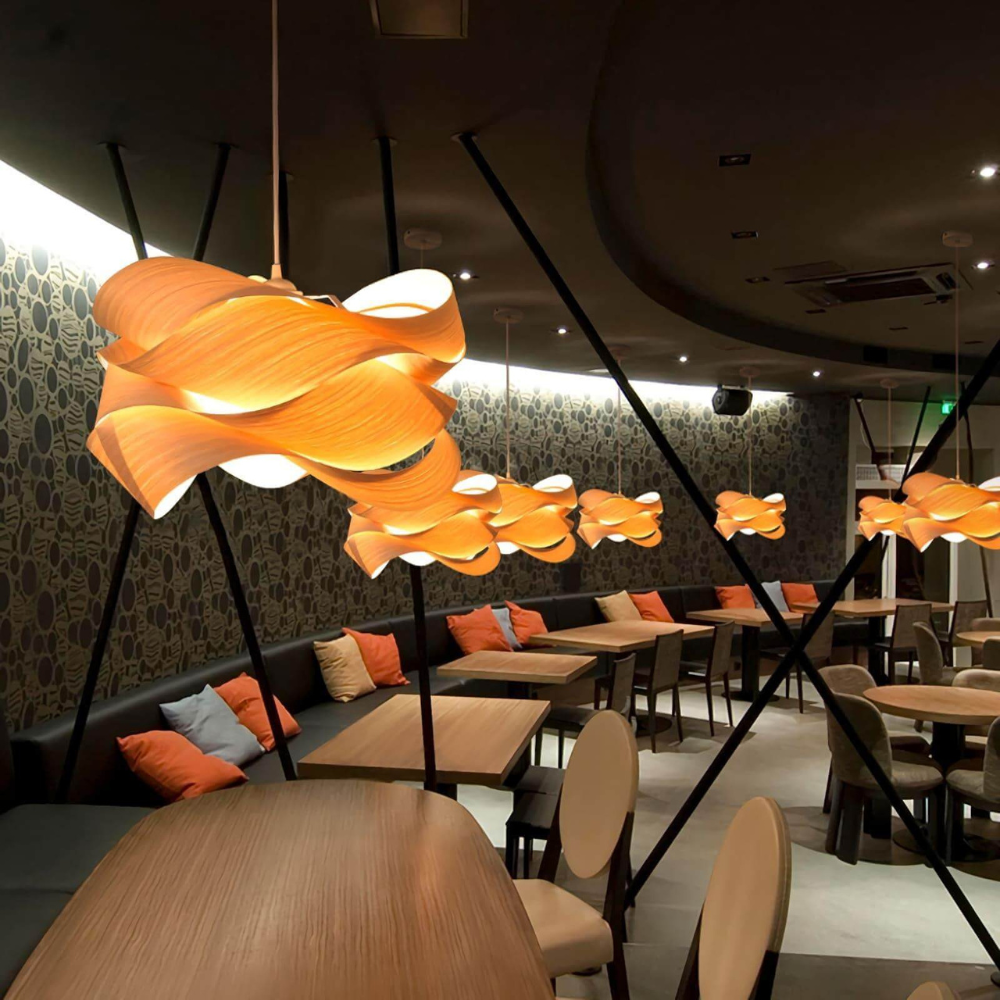 Wood Ribbon Pendant Light with Spiral Shade - Mid Century Modern