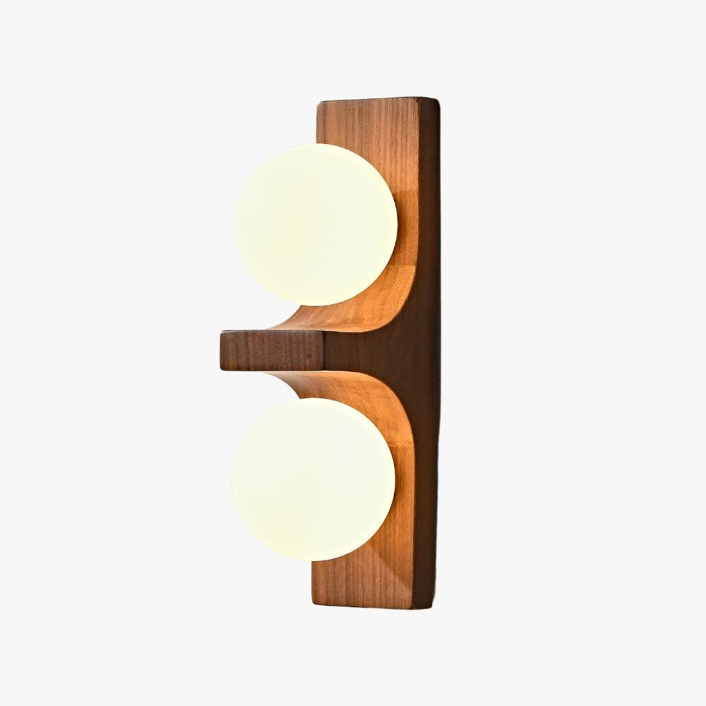 Double Orb Wall Sconce with Carved Wood Base - Mid Century Modern