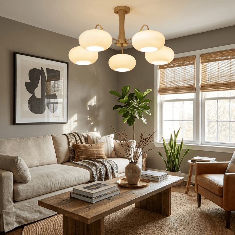 Chandelier with Walnut Wood and Persimmon Glass Shades - Modern Mid Century